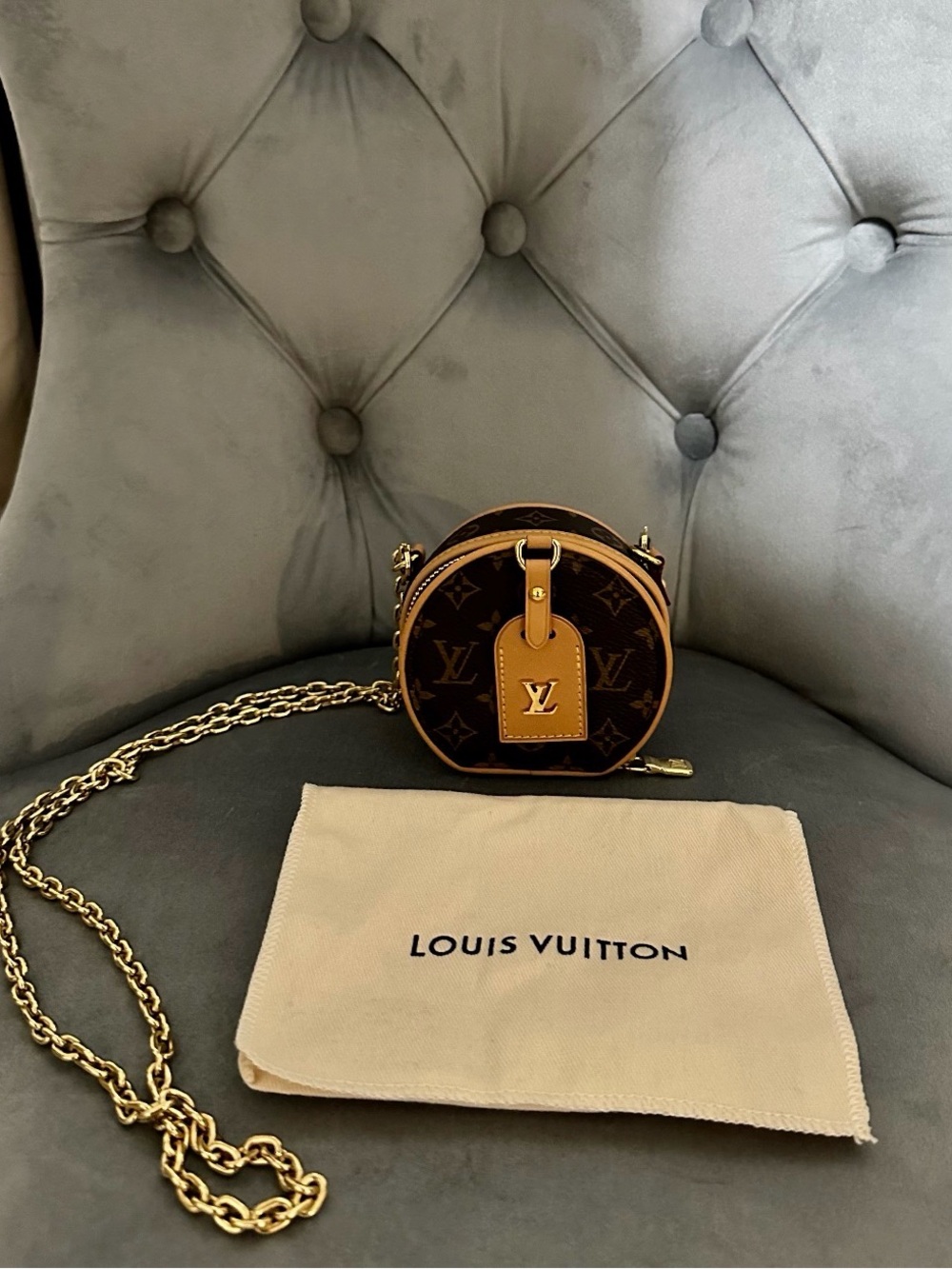 Louis Vuitton Monogram Round Mini Bag in Brown and Tan with Gold Chain